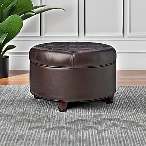 HomePop 25" Button Tufted Round Storage Ottoman - Distressed Brown Faux Leather