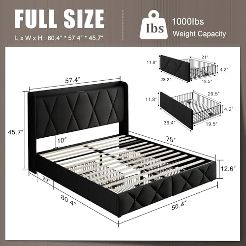 Einhomn Full Size Bed Frame with 4 Storage Drawers and Charging Station, Upholstered Platform Bed Frame with Storage Headboard, No Box Spring Needed, Easy Assembly, Black