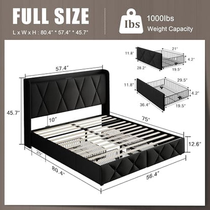 Einhomn Full Size Bed Frame with 4 Storage Drawers and Charging Station, Upholstered Platform Bed Frame with Storage Headboard, No Box Spring Needed, Easy Assembly, Black