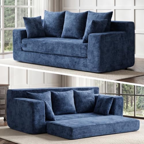 4-in-1 Boneless Sofa Bed, 70 inch Boneless Couch with Storage Pocket & 5 Pillows, Plush Velvet Couch for Living Room, Guest Room, Small Space