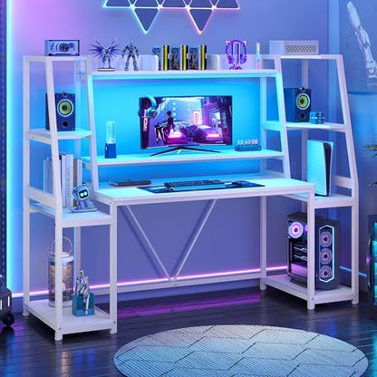 SEDETA 65.7'' Gaming Desk with LED Lights, Hutch and Storage Shelves, White