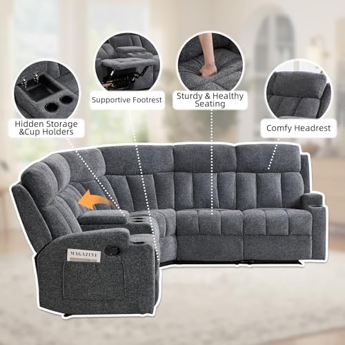 CANMOV Manual Reclining Sectional Sofa Set, Fabric L Shaped Reclining Sectional Corner Couch with Center Console, Living Room Furniture Sets with Cup Holder and Storage for Home Office, Dark Grey