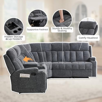 CANMOV Manual Reclining Sectional Sofa Set, Fabric L Shaped Reclining Sectional Corner Couch with Center Console, Living Room Furniture Sets with Cup Holder and Storage for Home Office, Dark Grey