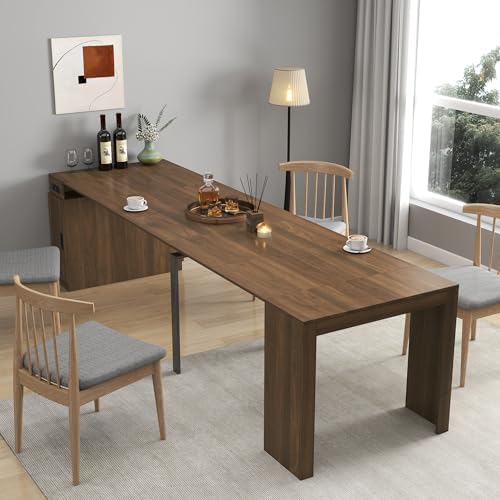 118.11'' Extendable Dining Table with Built-in Outlet, Modern Multifunctional Foldable Rectangular Wood Dinner Kitchen Table with Storage for Space Saving, Easy Assembly, Walnut