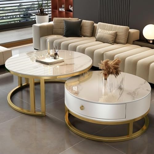 Round Nesting Coffee Table with Storage Drawer Set of 2, Modern Cocktail Table with Faux Marble Top for Living Room Small Space 27" Black/Grey-White Pandora