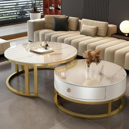 Round Nesting Coffee Table with Storage Drawer Set of 2, Modern Cocktail Table with Faux Marble Top for Living Room Small Space 27" Black/Grey-White Pandora