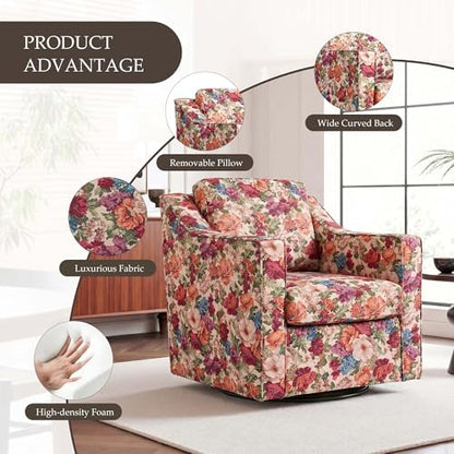 Swivel Accent Chairs Set of 2, Floral Armchair in Fabric, Beige