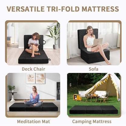 CYMULA Folding Mattress Single Size,6" Tri-Fold Floor Mat for Naps,Black