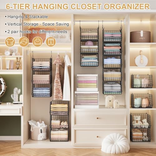 6 Tier Closet Hanging Organizer, Clothes Hanging Shelves with 4 Hanging Hooks 5 S Hooks, Wire Storage Basket Bins, for Clothing Sweaters Shoes Handbags Clutches Accessories Patent Design-Black