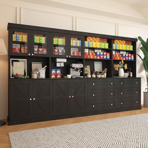 Vyre 71" Farmhouse Kitchen Pantry Cabinet, Black Freestanding Coffee Bar Hutch with Glass Doors, Drawers & Adjustable Shelves, Microwave Stand Storage Organizer for Living Room & Kitchen, Set of 4