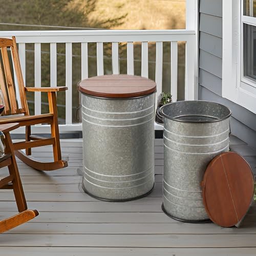 Glitzhome Nesting Tables for Living Room, Round Coffee Tables Set of 2, Metal Farmhouse Small Accent End Table with Storage and Lid for Bedroom Office Plant Stander, Grey
