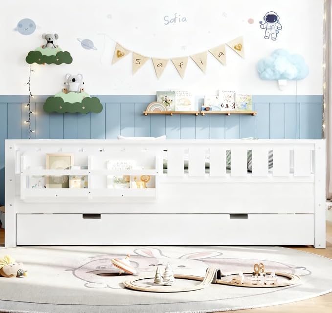 Bellemave Full Size Kids Bed with high Rails and with Built-in Bookshelf and Trundle for Kids, Girls, Boys, Wood Montessori Bed Without Door, White