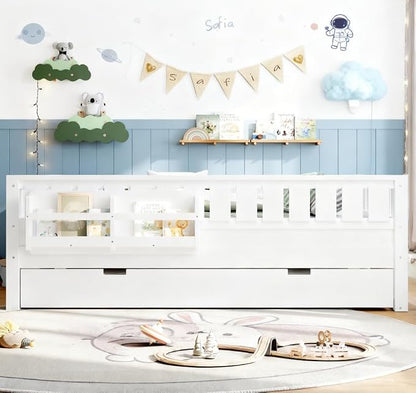 Bellemave Full Size Kids Bed with high Rails and with Built-in Bookshelf and Trundle for Kids, Girls, Boys, Wood Montessori Bed Without Door, White