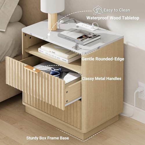 23"W Fluted Nightstand with Charging Station and Faux Marble Top