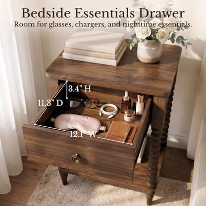 Walnut Brown Nightstands Set of 2, 25" H, Drawer & Shelf