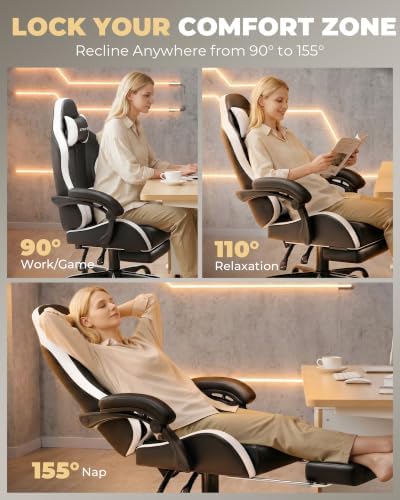 GTPLAYER Gaming Chair for Adults, Computer Chair with Footrest, White