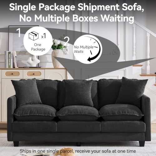 72'' Cloud 3 Seater Couch, Cloud Sofa with 3 Throw Pillows, Modern Sectional Couches with Deep Seat, Modular Sofas for Living Room, Bedroom, Small Apartment, Black