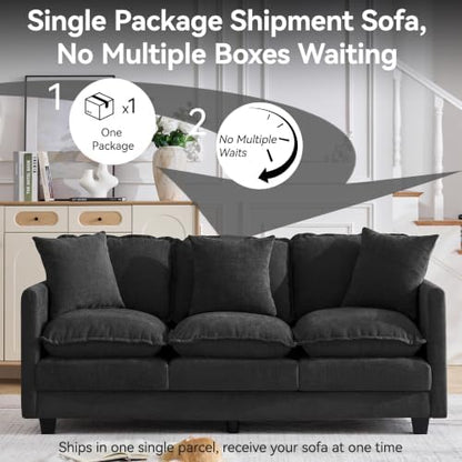 72'' Cloud 3 Seater Couch, Cloud Sofa with 3 Throw Pillows, Modern Sectional Couches with Deep Seat, Modular Sofas for Living Room, Bedroom, Small Apartment, Black