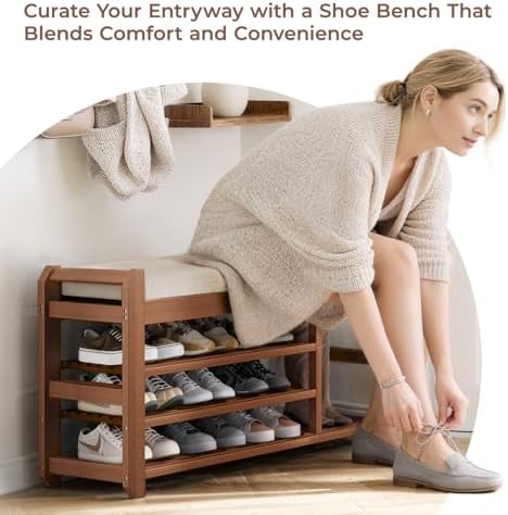 39.4" Entryway Shoe Rack Bench with Cushion, 3-Tier Storage Bench