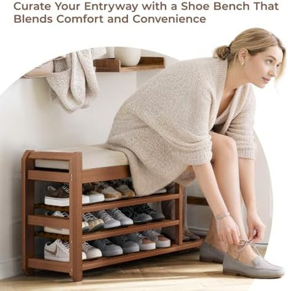 39.4" Entryway Shoe Rack Bench with Cushion, 3-Tier Storage Bench