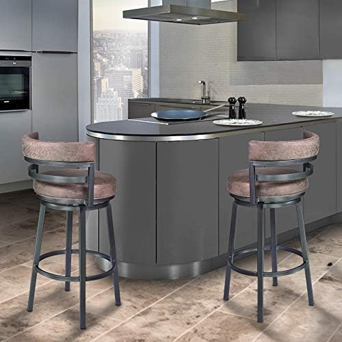 Armen Living Madrid 26" Seat Height Swivel Bandero Tobacco Faux Leather and Mineral Finish Bar Stool for Kitchen Island Counter, Set of 2