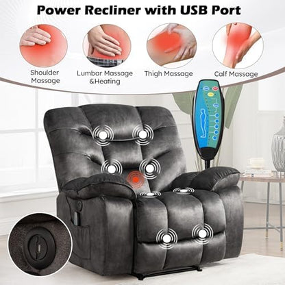 HAOMARKETS 2-Piece Recliner Sofa Set, Include Single Power Recliner Chair with Massage & Heat and Manual 2-Seater Loveseat Reclining Couch with Hidden Storage and Cup Holders for Living Room, Grey