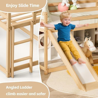 Low Bunk Bed with Slide, Floor Loft Bed with Climbing Ladder, Wood Twin Bunk Bed Frame with Full Guardrails & Storage Space for Kids Toddler
