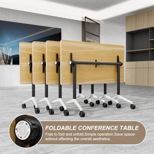 Folding Conference Table Modern Large Mobile Meeting Table Rolling Conference Room Tables with Wheels Seminar Tables for Office Training Classroom (10, Original Wood, 47.2" D X 23.6" W X 29.5" H)