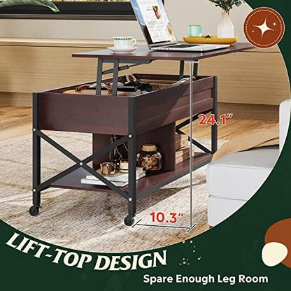 WLIVE Coffee Table Espresso, 41.3" Lift Top Coffee Table with 4 Wheels