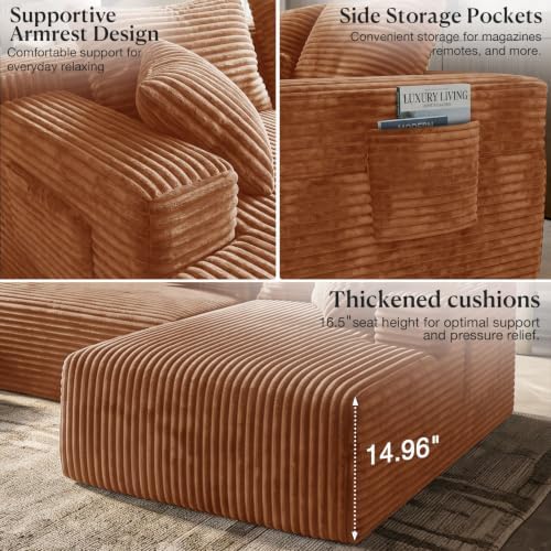 95 Inch Corduroy Boneless Cloud Sectional Sofa, Tatami Style Modular, Vertical Striped Frameless Deep Seat, Plush Cushions with Side Storage, Compressed No Assembly for Living Room & Apartment