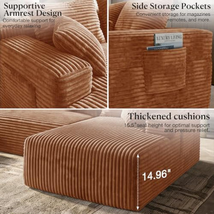 95 Inch Corduroy Boneless Cloud Sectional Sofa, Tatami Style Modular, Vertical Striped Frameless Deep Seat, Plush Cushions with Side Storage, Compressed No Assembly for Living Room & Apartment