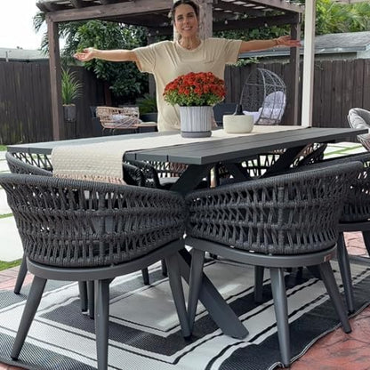 PURPLE LEAF Outdoor Table and Chairs for 6 Rattan Aluminum Long Table Grey