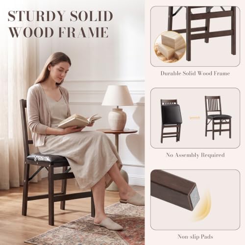 Wooden Folding Dining Chairs Set of 4 with Leather Cushion, Pre‑Assembled
