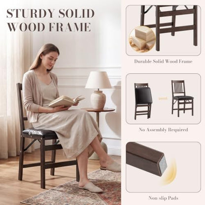Wooden Folding Dining Chairs Set of 4 with Leather Cushion, Pre‑Assembled