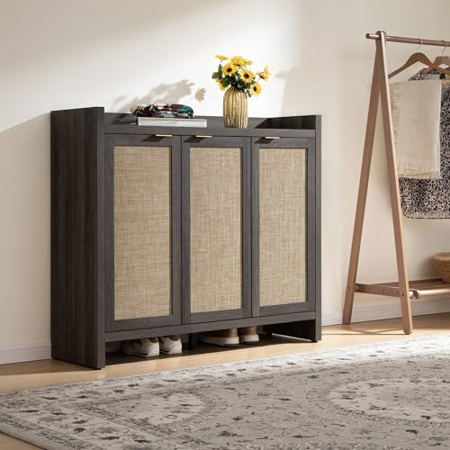 SICOTAS Shoe Storage Cabinet, 30 Pairs Rattan Shoe Cabinet for Entryway