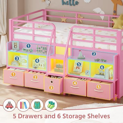 Twin Low Loft Bed, 5 Drawers & 6 Bookcases, LED and Charging Station, Pink