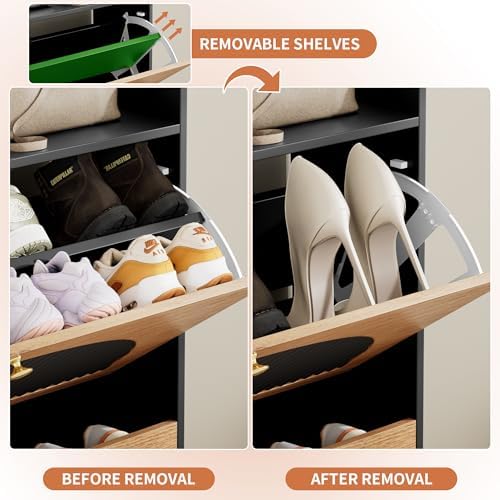Shoe Storage Cabinet with 2 Flip Drawers (Black and Wood, 2 Flip Drawers)