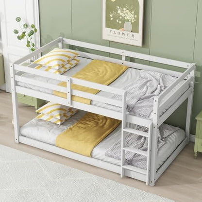 Low Bunk Bed Twin Over Twin with Ladder and Safety Guardrails, Wood Twin Size Floor Bunk Beds for Teens, No Box Spring Needed, White