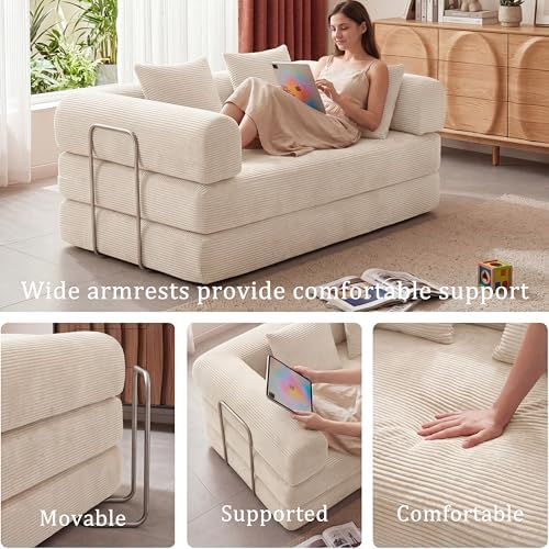 Futon Sofa Bed Modular Loveseat Sleeper Folding Pull Out Couch with Pillows, No Assembly Required Boneless Couch for Living Room Bedroom Guest Room (Beige, 53.15" Loveseat Sofa)