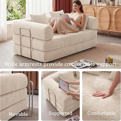 Futon Sofa Bed Modular Loveseat Sleeper Folding Pull Out Couch with Pillows, No Assembly Required Boneless Couch for Living Room Bedroom Guest Room (Beige, 53.15" Loveseat Sofa)