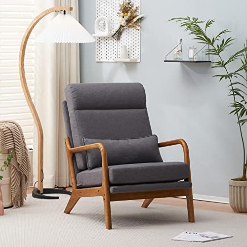 Accent Chair with Cushion, Mid-Century Modern Upholstered Single Reading Armchair High Back Sofa with Linen Fabric + Solid Wood Frame for Living Room, Bedroom, Lounge, Balcony (Grey)