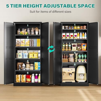 SISESOL Black Storage Cabinet,71" Tall Pantry Cabinet,Kitchen Pantry Storage Cabinets with 2 Doors and 5 Shelves,Wide Deep Metal Food Cupboard for Home,Kitchen,Dining/Living Room