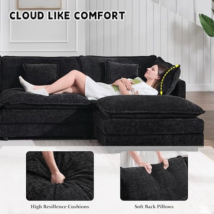 GNIXUU 112" Black Modular L Shaped Cloud Sectional Couches for Living Room