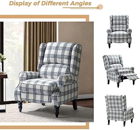 HULALA HOME Upholstered Wingback Recliner Chair, Small Adjustable Footrest Push Back Single Reclining Sofa, Mid Century Modern Lounge Armchair for Living Room, Bedroom, Reading/Plaid Black