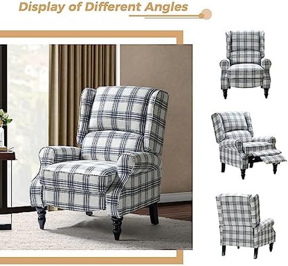 HULALA HOME Upholstered Wingback Recliner Chair, Small Adjustable Footrest Push Back Single Reclining Sofa, Mid Century Modern Lounge Armchair for Living Room, Bedroom, Reading/Plaid Black