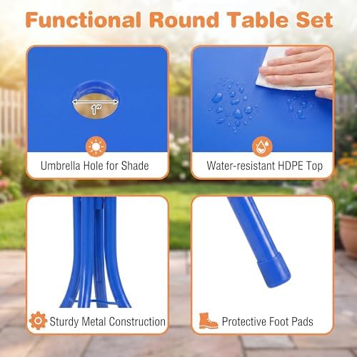 HONEY JOY Kids Picnic Table, Animal Themed Toddler Outdoor Table and Chair Set, 2 Folding Chairs & Removable Umbrella, Children Outdoor Furniture for Backyard Patio Garden (Navy Shark)