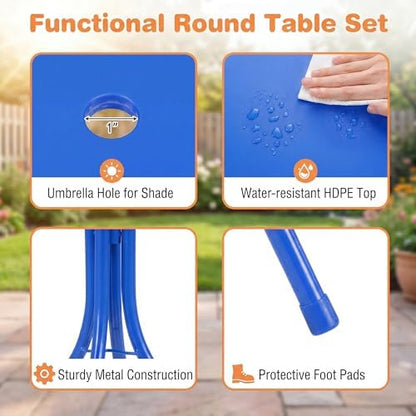 HONEY JOY Kids Picnic Table, Animal Themed Toddler Outdoor Table and Chair Set, 2 Folding Chairs & Removable Umbrella, Children Outdoor Furniture for Backyard Patio Garden (Navy Shark)