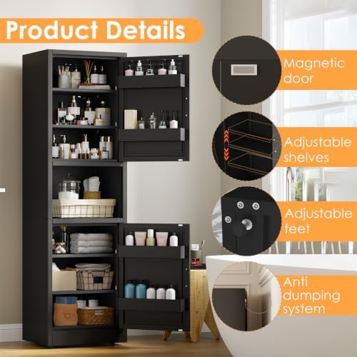 67" Tall Narrow Storage Cabinet, Metal Freestanding Pantry Cabinet with Adjustable Shelves, Multi Door Slim Organizer Fit for Microwave, Kitchen, Bathroom(Black)
