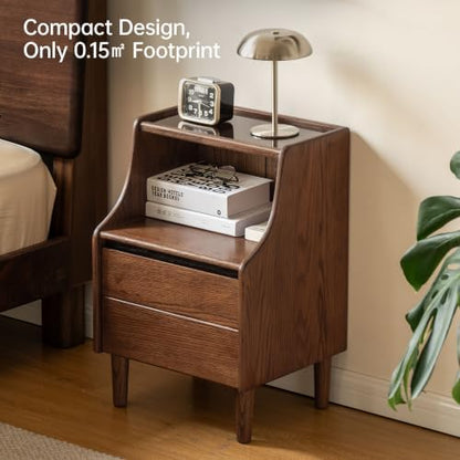 Solid Oak Wood Nightstand Drawer Open Storage Walnut Bedside Table
