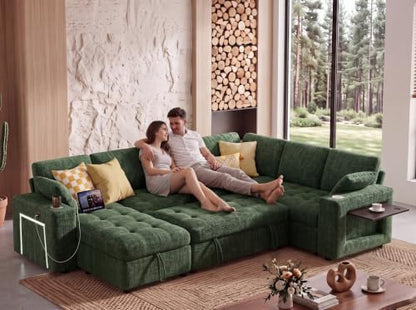 WEUP 111" Modular Sectional Sleeper Sofa with Pull Out Bed, 7 Seat Chenille L Shaped Couch with Storage Chaise|USB Ports|Cup Holders|Side Table|LED Light, Tool Free Assembly, Green